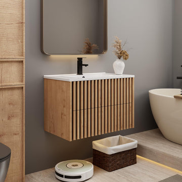 30" Floating Fluted Bathroom Vanity with Sink - Modern Wall Mounted Cabinet with 2 Drawers