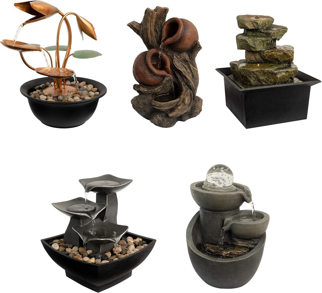 Tabletop Water Fountain- 8” Cascading Rock Formation Waterfall with LED Light, Electric Pump & Soothing Sounds Decor