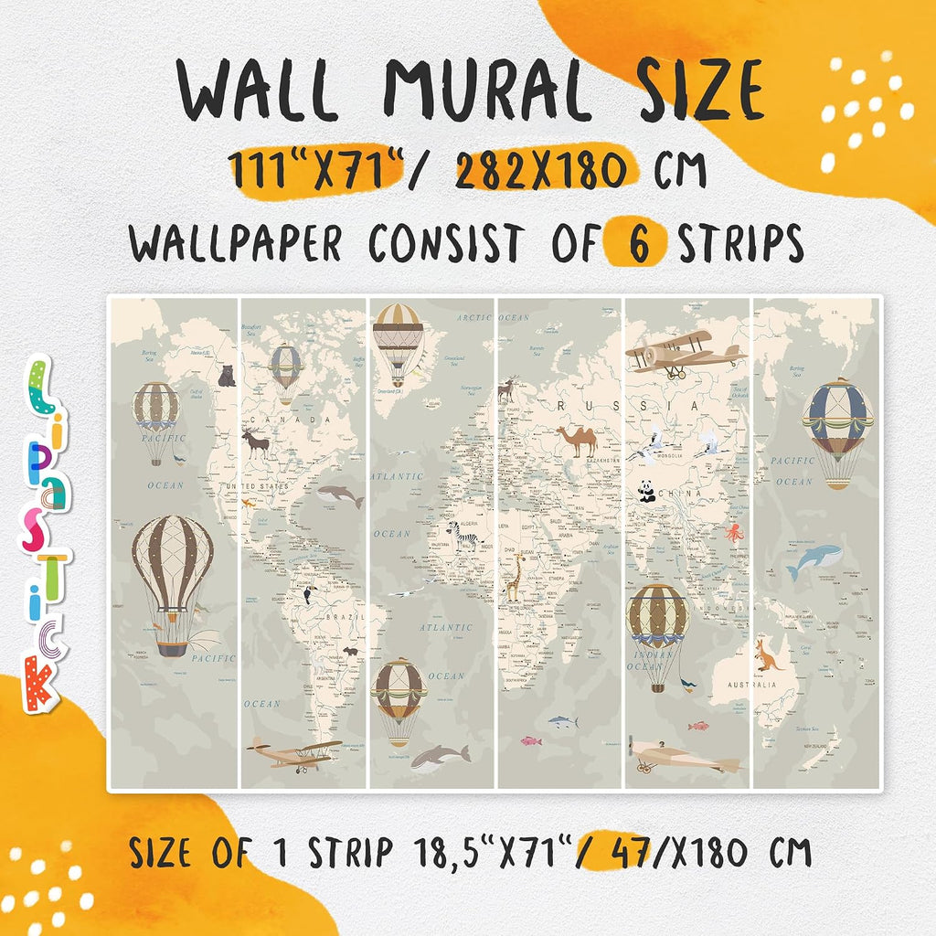 Kids World Map Wallpaper with Animals-Peel and Stick Educational Decals-Nursery Murals for Baby, Toddlers,Boys, Kids