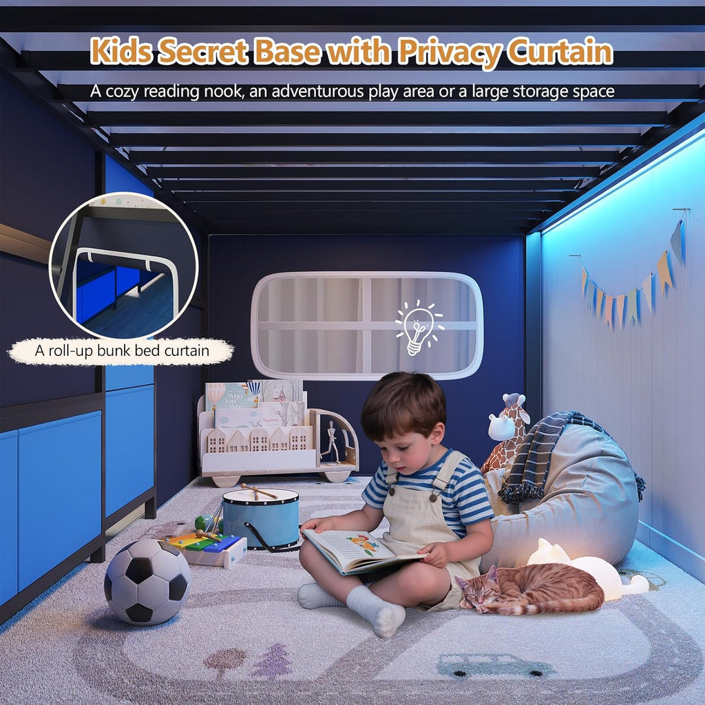 Low Loft Bed with Desk and 6 Storage Drawers Twin Loft Bed with Bookshelf,LED Lights & Under-Bed Play Space,Kids Twin