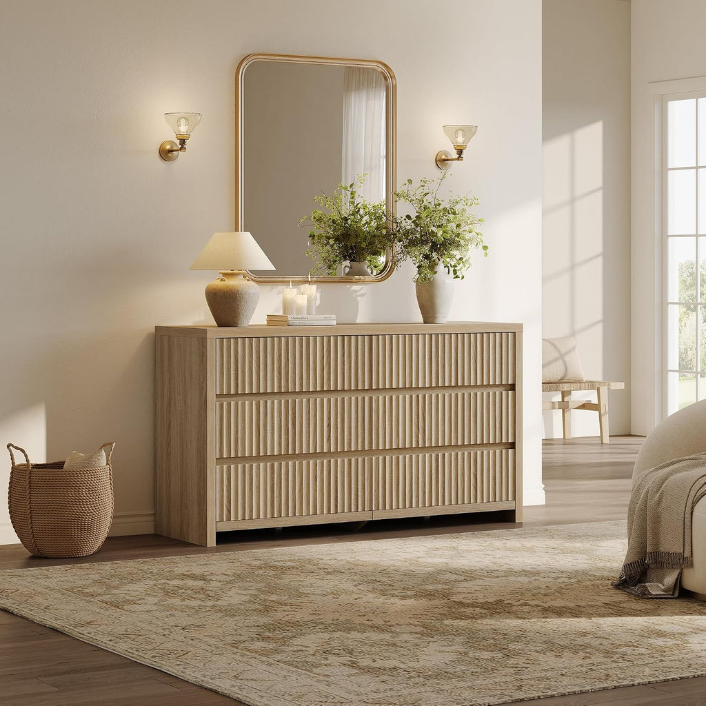 Fluted 6 Drawer Dresser - 55.2''W Large Chest of Drawers | Modern Long Bedroom Dressers with Deep Drawers, 17.7''D