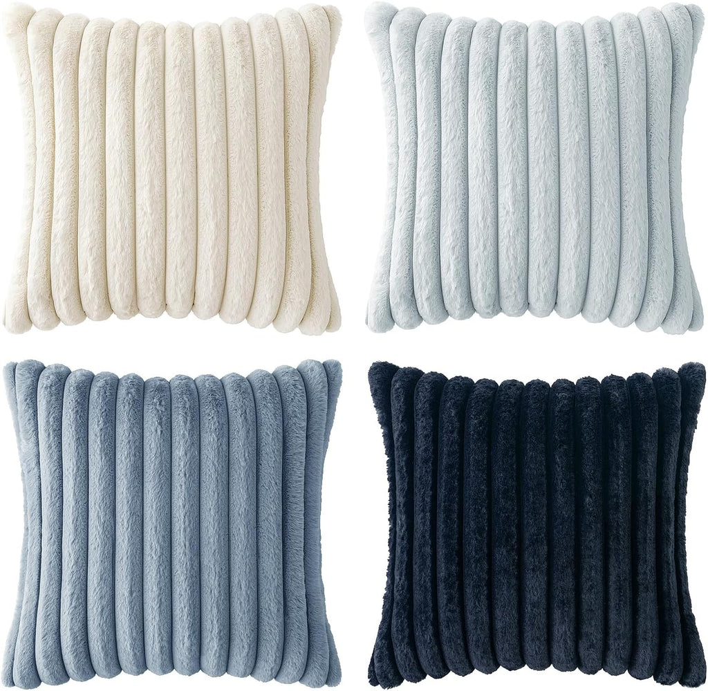 Faux Fur Plush Decorative Throw Pillow Covers 18x18 Set of 4, Summer Modern Soft Fuzzy Coastal Striped Cushion