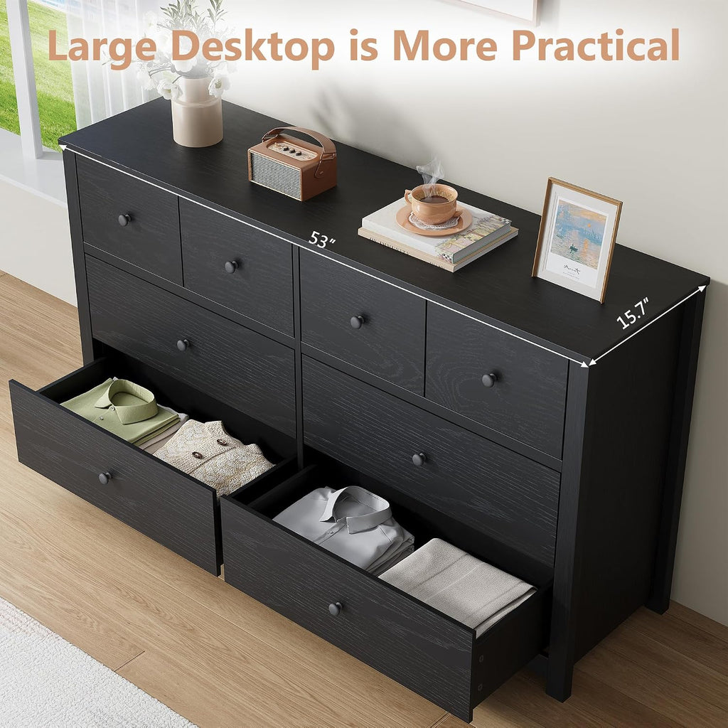 Black 8 Drawer Dresser, Large Modern Dresser for Closet, Bedroom | Storage Chest with Large Drawers & Wide Top
