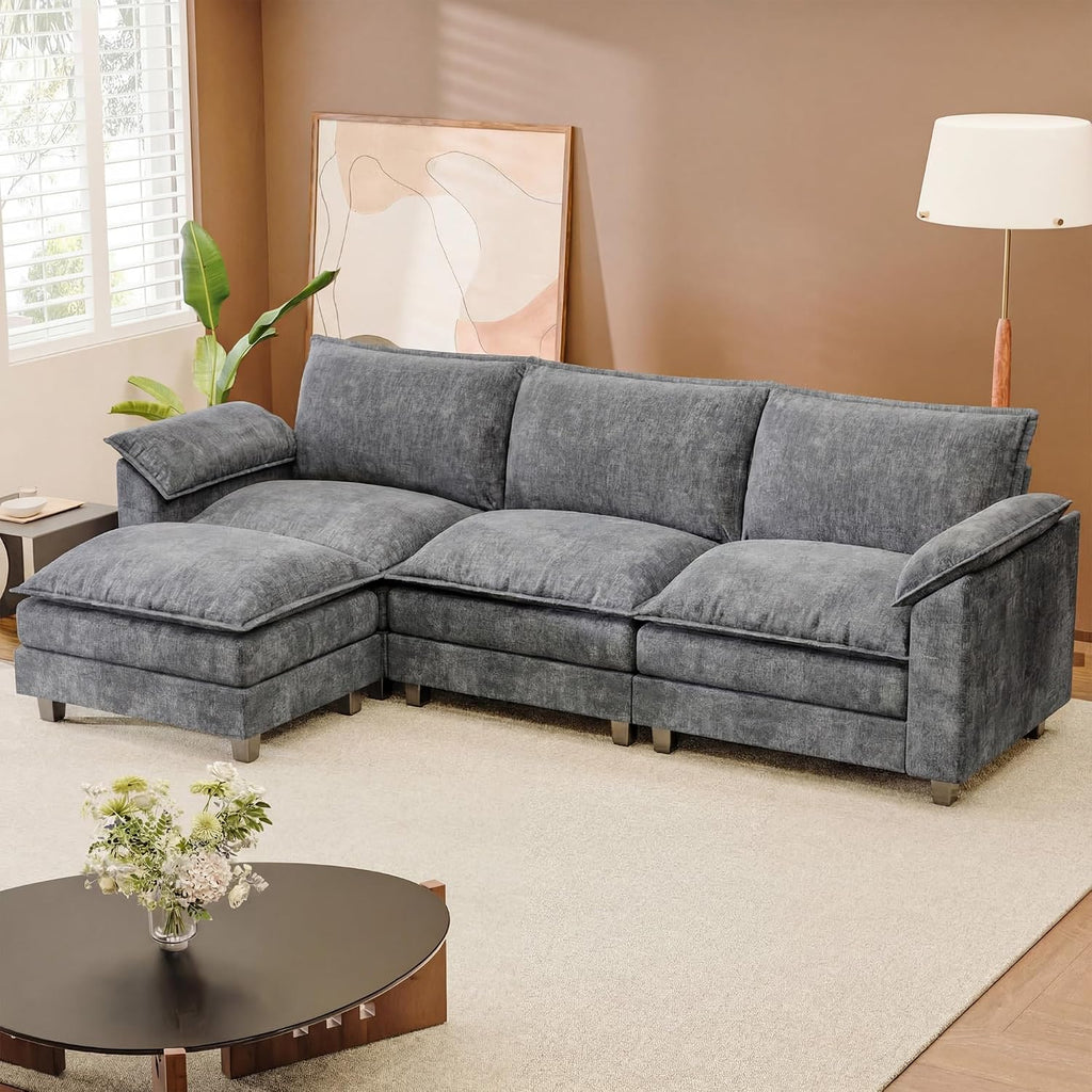 118.9" Modular Sectional Cloud Couch 3-Seat Sofa Set with Movable Ottoman, L Shaped Sofa Couch with Deep Seat