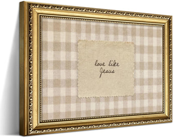 Gold Framed Vintage Love Like Jesus Wall Art, Christian Faith Quote Picture Wall Decor, Beige Gingham Religious