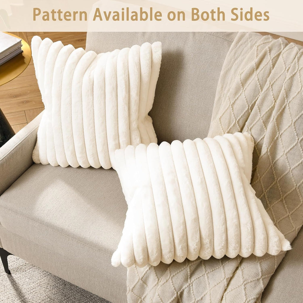 Pack of 1 Double-Sided Faux Fur Plush Decorative Throw Pillow Covers 18x18 Inches Soft Fluffy Striped Couch Pillow