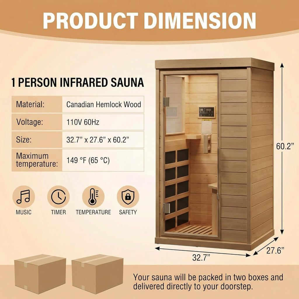 Far Infrared Sauna 1 Person Indoor Dry Sauna with Low EMF 1200W/110V Heaters Panels, Chromotherapy, MP3 Speaker
