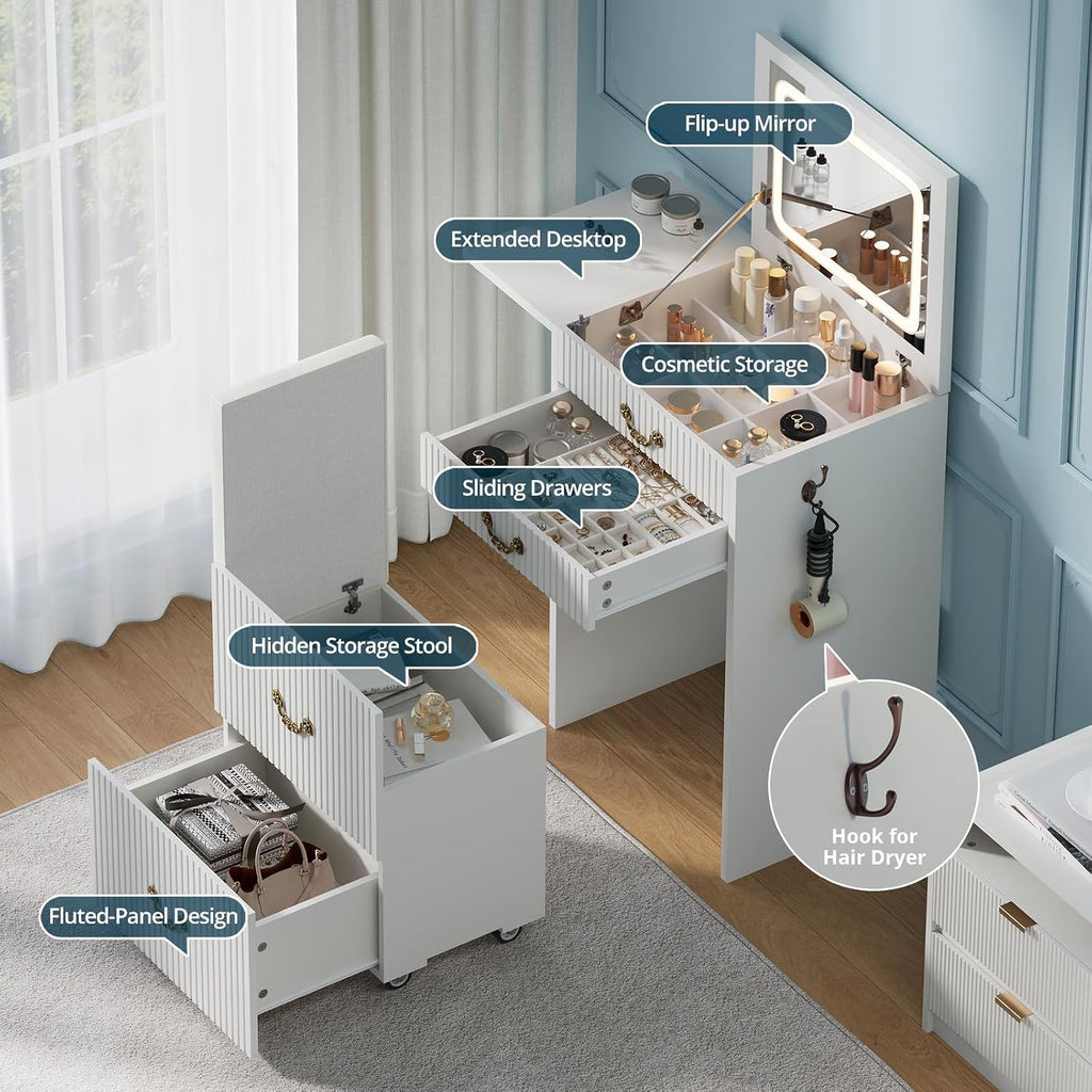 3-in-1 Vanity with Flip Mirror & Lights, Fluted Compact Vanity Table with 3 Drawers, Storage Compartment and Rolling
