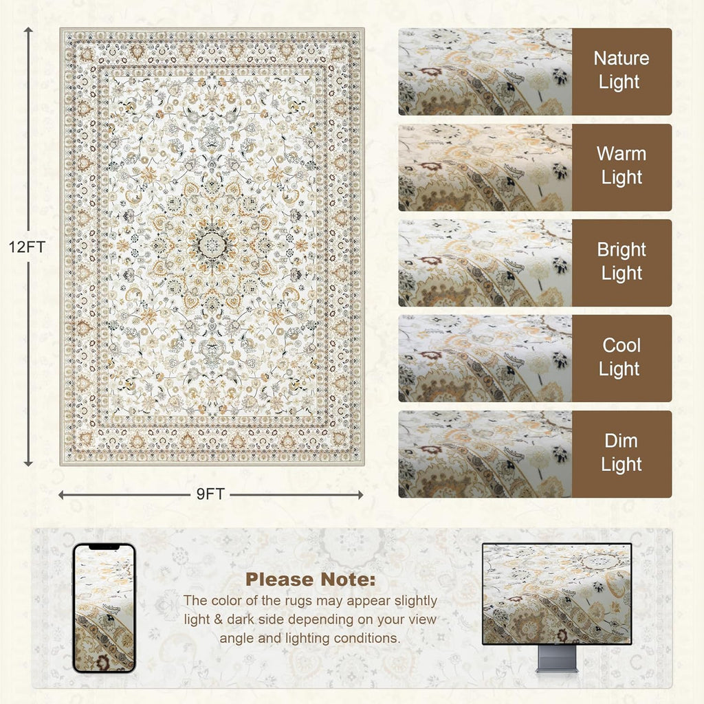 Area Rugs 9x12 Living Room Rug: Washable Rug Soft Vintage Boho Carpet Indoor Floor Non-Slip Stain Re