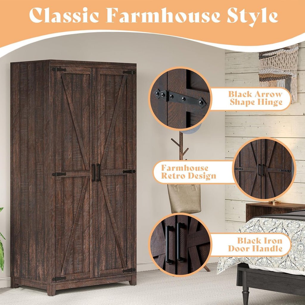 70" Large Farmhouse Wardrobe Closet with Hanging Rod & Barn Doors | Wooden Bedroom Armoires with Shelf, Organized
