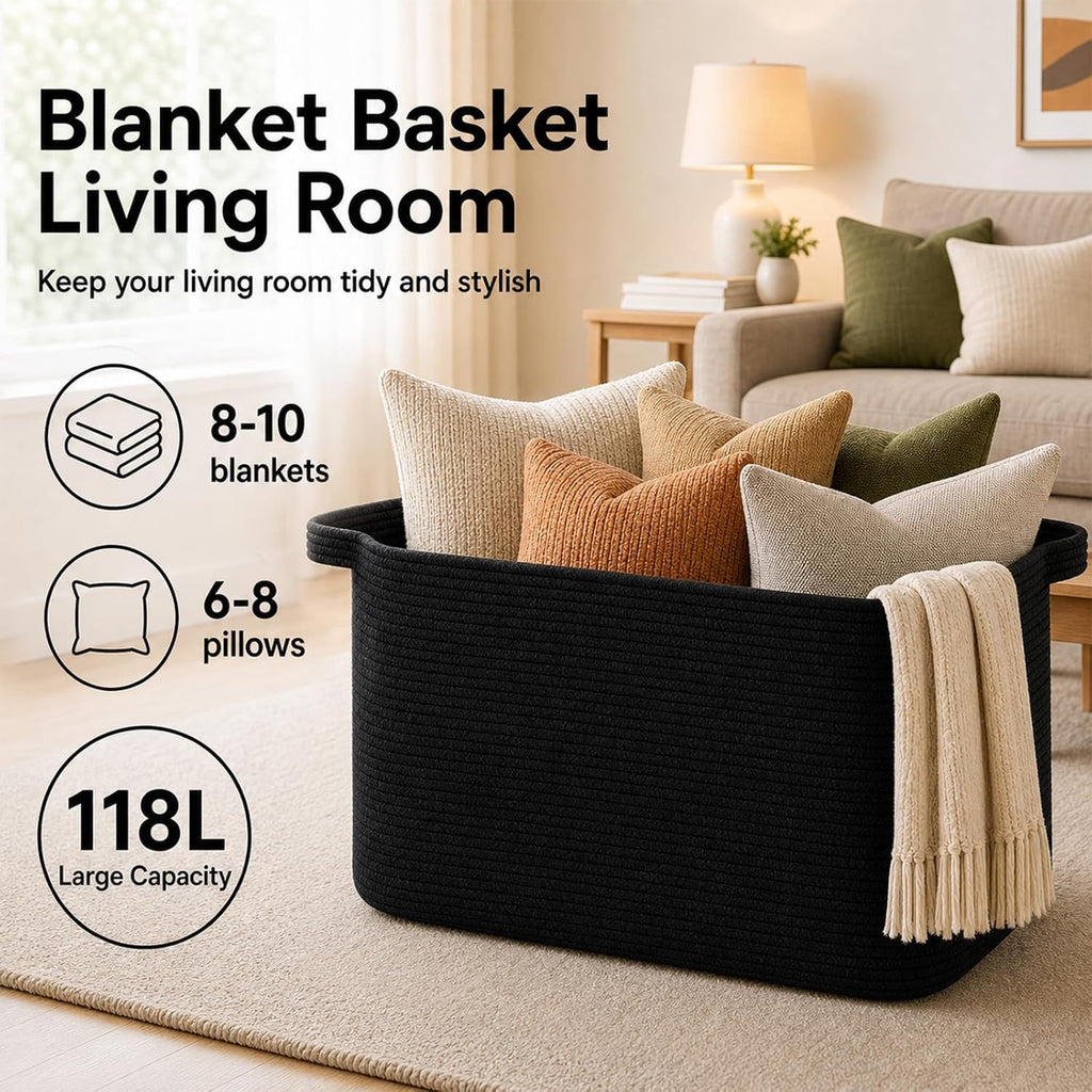 118L Extra Large Blanket Basket Living Room, 24.8"x17.7"x16.2" | Woven Rope Baskets for Storage, Nursery Blanket