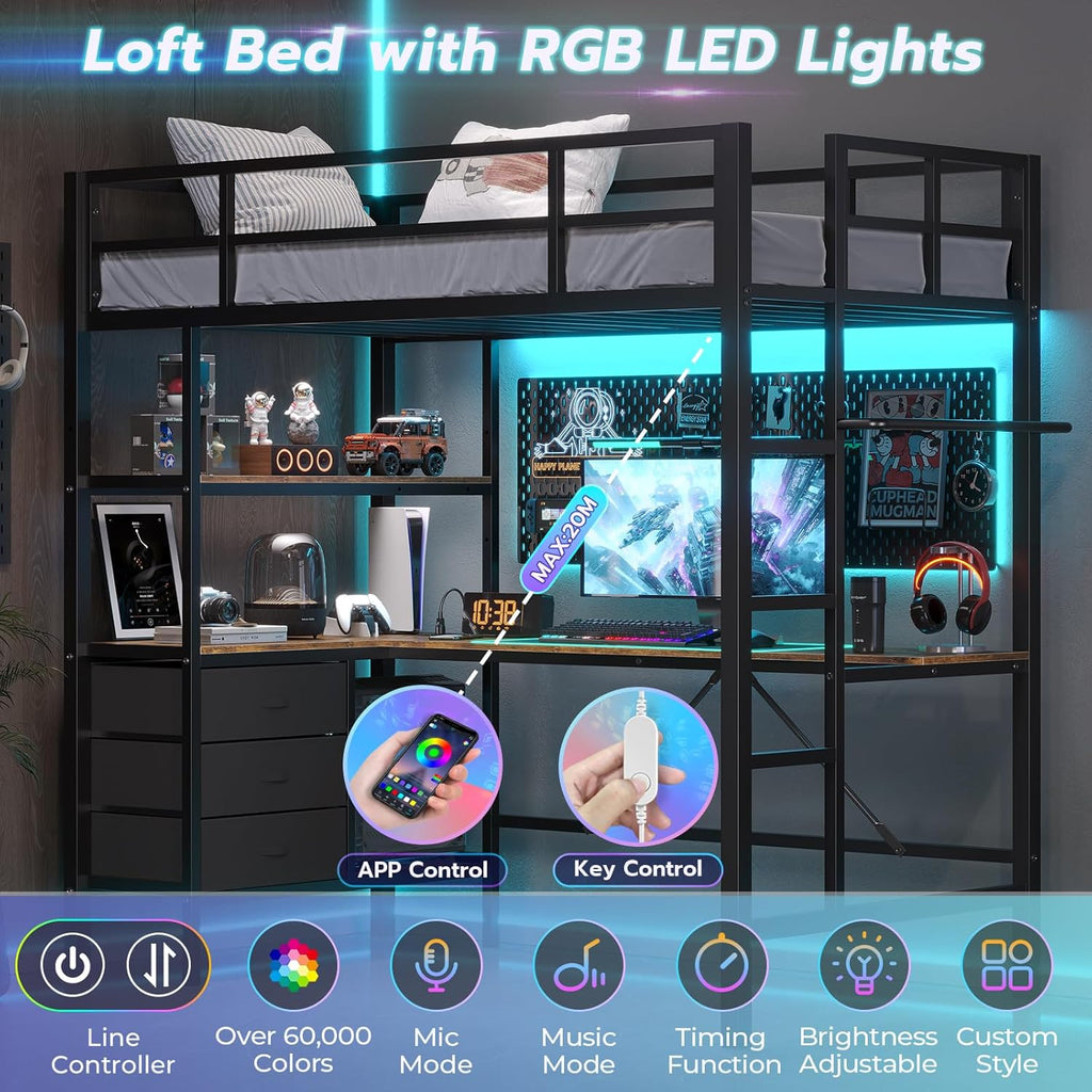 Twin Loft Bed with L-Shaped Desk, LED Lights,Charging Station LED Metal Kids Loft Bed Twin with 3 Storage Shelves and