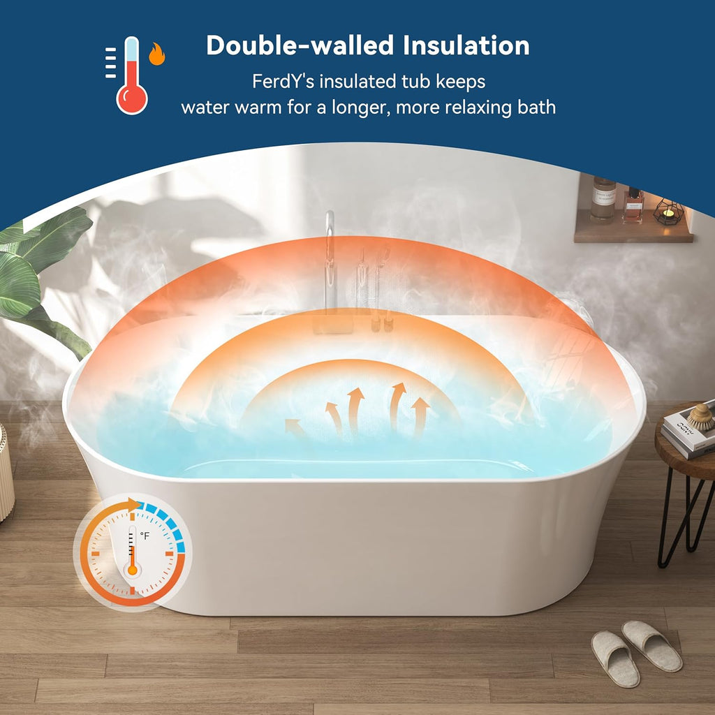 Santorini 67" Acrylic Freestanding Tub, Gracefully Shaped Contemporary Soaking Tub, Glossy White, cUPC Certified