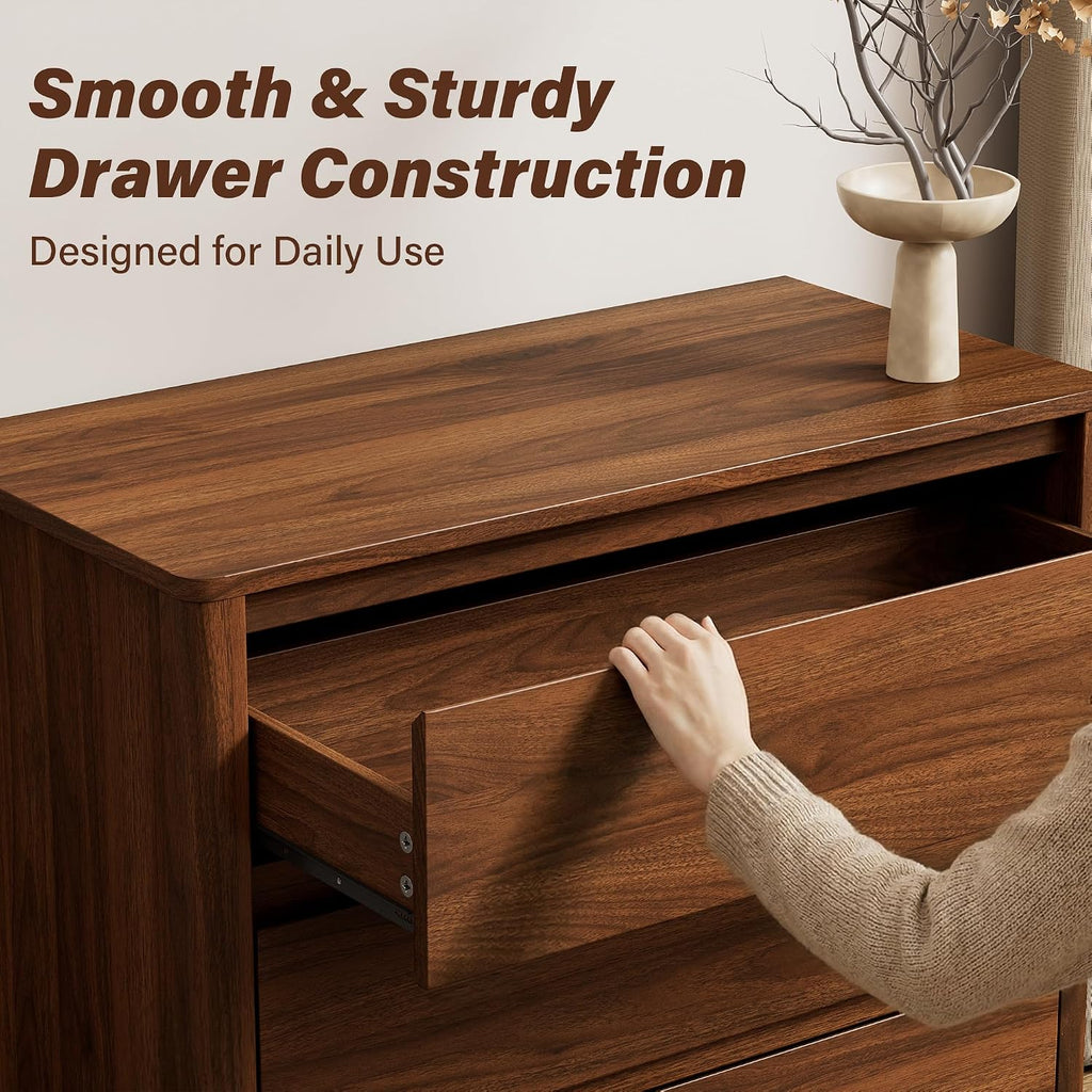 Walnut Dresser , 5 Drawer Dresser with Wood Legs, Tall Wood Dresser, Mid Century Modern Chest of Drawers, Large