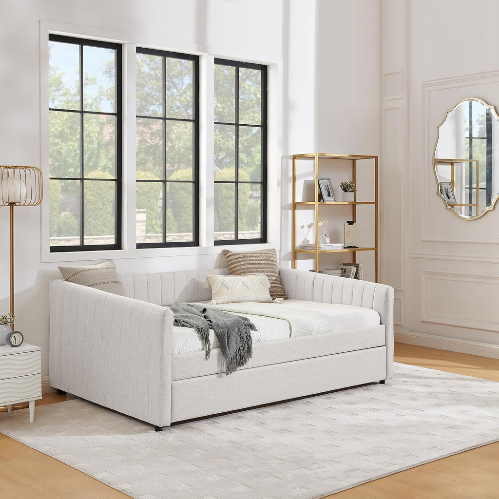 Full Daybed with Pop up Trundle,Linen Upholstered Day Bed Frame with Channel Tufted Backrest & Armrest,Extendable