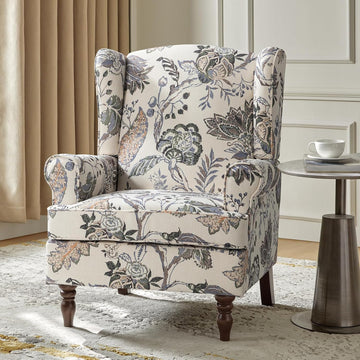 Wingback Accent Chair with Retro Wood Legs, Traditional Fabric Armchair Bedroom, Comfy Upholstered Single Sofa Chair
