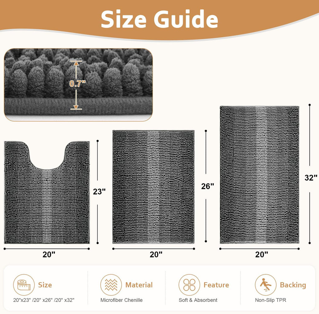 Bathroom Rugs Sets 3 Piece, Ultra Absorbent Non Slip Bath Mats | Quick Dry, Machine Washable, Chenille Gradient Bath