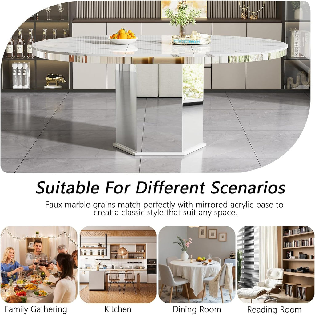 Modern 47"-63" Round White Faux Marble Extendable Dining Table for 4-6, Luxury Round Dining Room Table, Kitchen