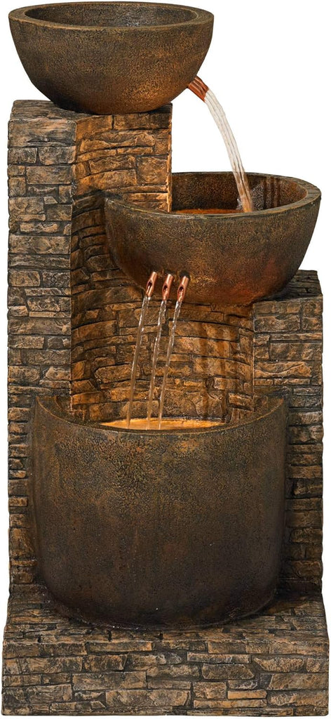 Mason 35" High Large Rustic Indoor Outdoor Decor Faux Stone Floor Fountain with Light LED Bowl Standing Tiered