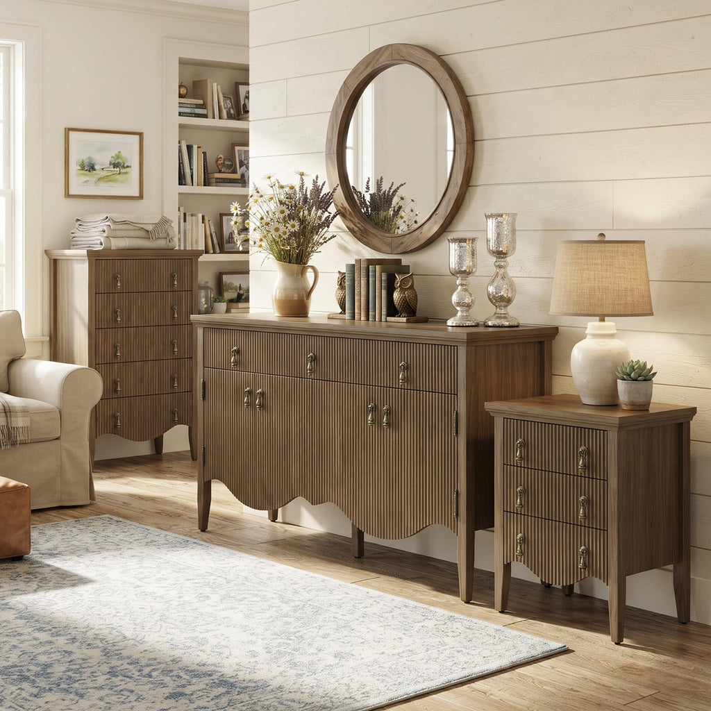 57" Fluted Sideboard Buffet, Retro Storage Cabinet, Light Oak
