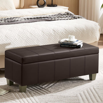 41" Faux Leather Storage Ottoman, Stitch Tufted Rectangle Upholstered End of Bed Storage Bench, Entryway Large Couch