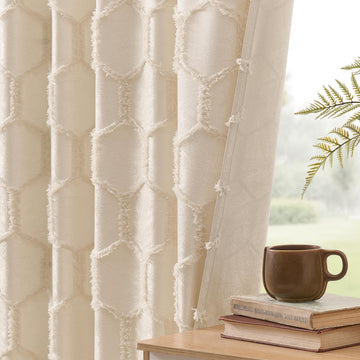 Cream Beige Geometric Curtains 84 Inches Long Back Tab Semi Sheer Fluffy Jacquard Curtains Hexagon Lattice Pattern