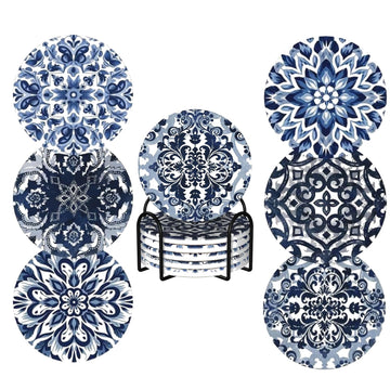 Retro Vintage Blue Boho Mandala 6 Pcs Coaster Set with Holder Round Ceramic Coasters Blossom Floral Flower Pattern