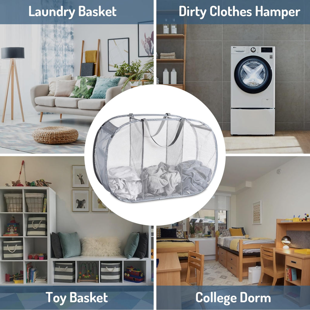 Mesh Popup Laundry Hamper 3 Compartment Sortable Horizontal Collapsible Laundry Basket for Clothes Laundry Room