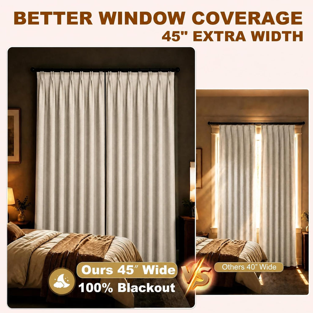 Extra Width Pinch Pleated Linen Curtains 105 Inch Natural