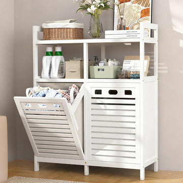 Tilt Out Laundry Hamper Cabinet, Bamboo Double Laundry Hamper with 2 Removable Laundry Baskets, 20 Gal Laundry Sorter