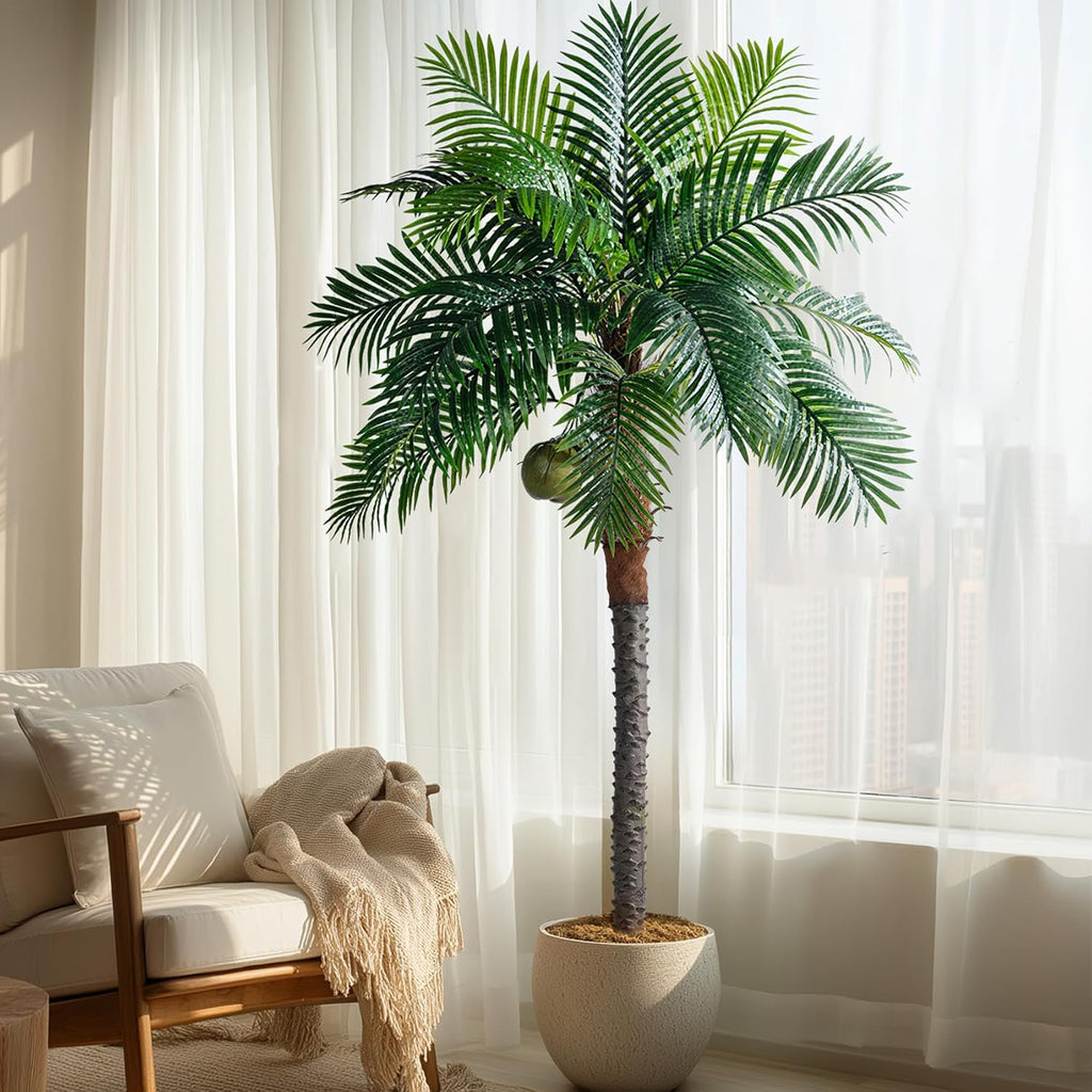 Artificial Phoenix Palm Tree 8.2ft Tall - Fake Large Tropical Tree with Adjustable Leaves, Realistic Faux Sago Palm