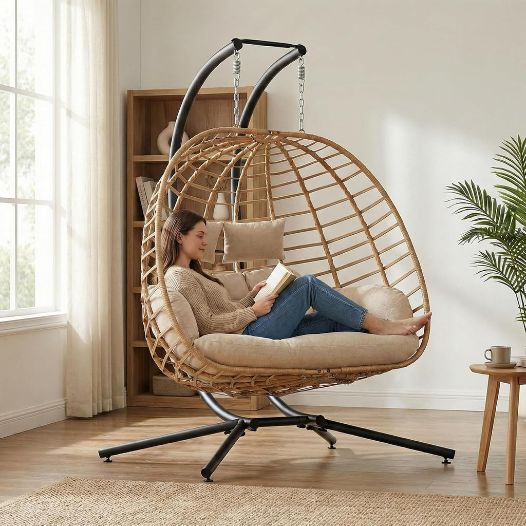 Double Hanging Egg Chair with Stand, Outdoor Patio 2 Person Wicker Hammock Swing Chairs with Cushion Loveseat for