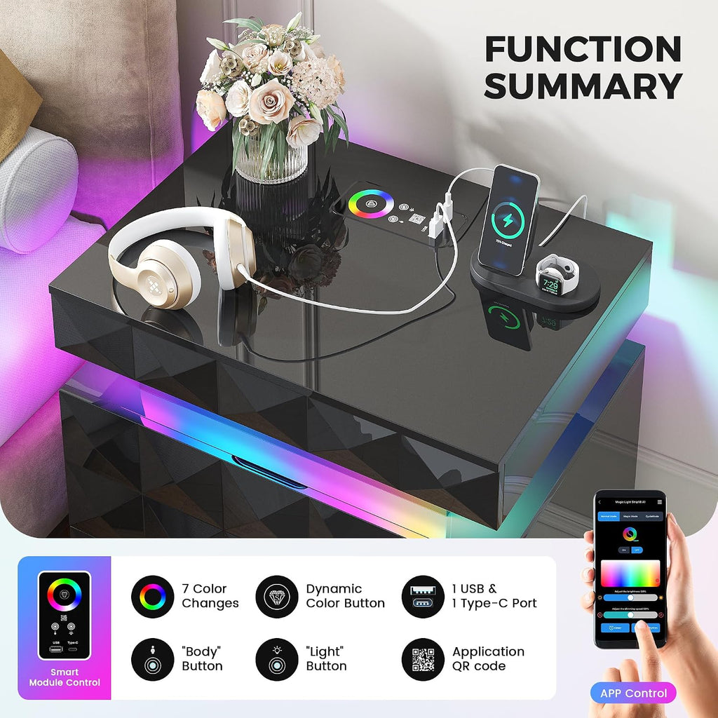 LED Night Stand with Charging Station, Lockable Hidden Drawer | Gun Safe compartment, 3 Drawers, Smart RGB Human