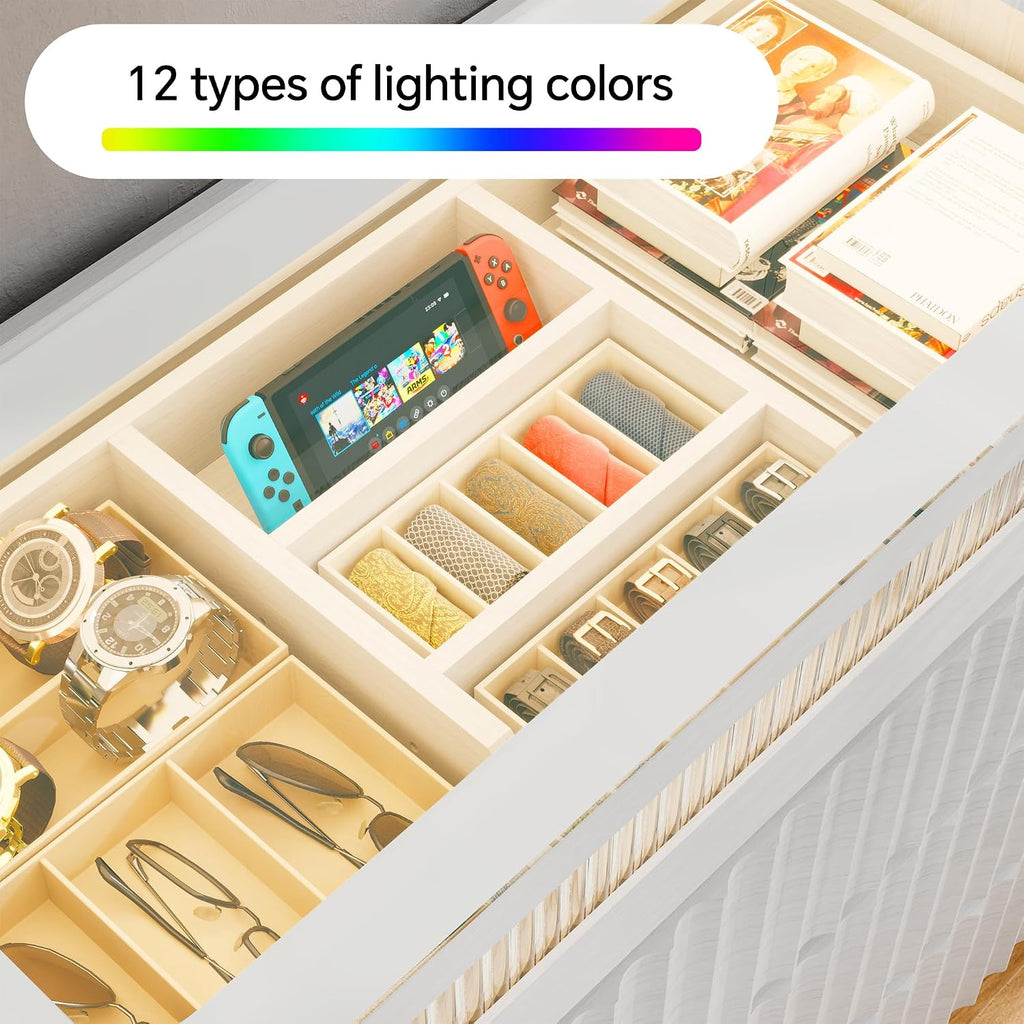 Fluted 8 Drawer Dresser,with LED Lights,Tempered Glass Panel,Drawer Dresser,Hidden Handles.Compartmentalized Storage