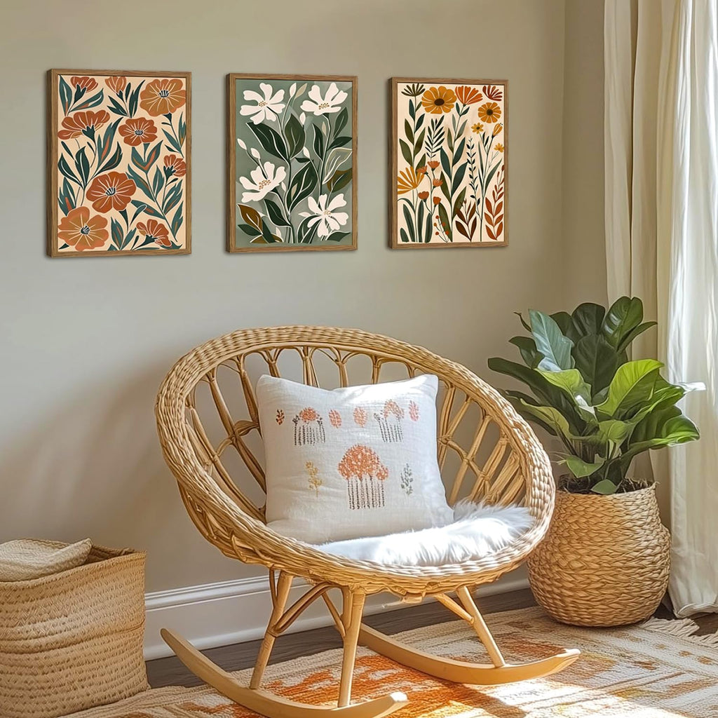 Framed Boho Floral 3 Piece Wall Art,Mid Century Modern Abstract Flower Pictures Wall Decor,Minimalist Botanical