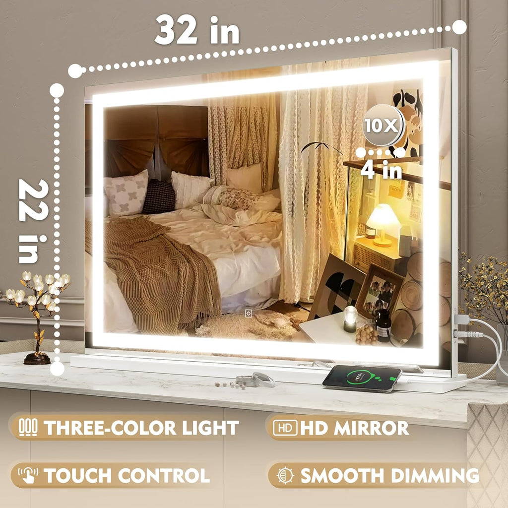 Vanity Mirror with Lights, 32" x 22" Large Lighted Vanity Mirror with Dimmable 3 Modes, LED Makeup Mirror, USB
