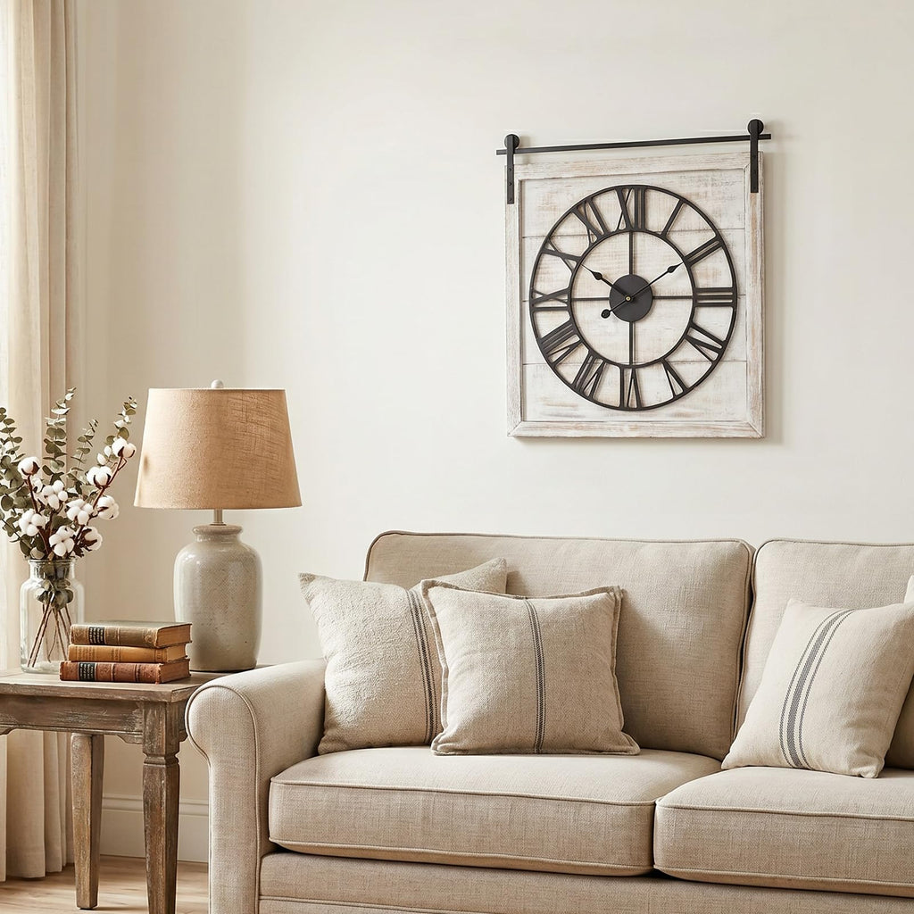 24 Inch Large Rustic Wall Clock, Farmhouse Square Wood Frame with Black Metal Barn Door Style Hanging Rod, Silent