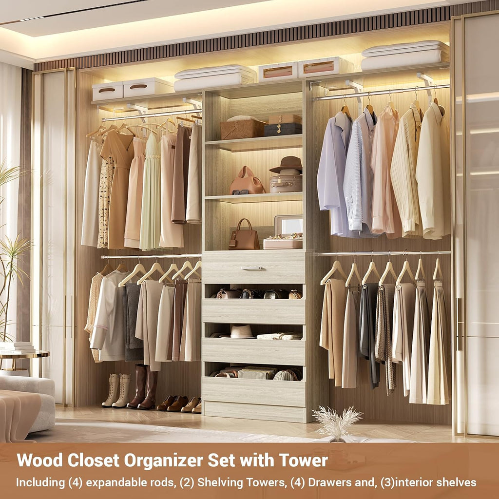 Closet System with 4 Drawers, 8FT Wood Closet Organizer System, 96'' Closet Built In System Tower with Shelves