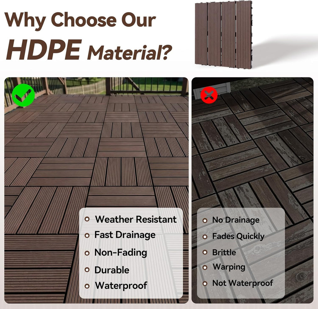 Composite Deck Tiles Interlocking Patio Flooring Outdoor, 10 Pcs 12x12 Inch Durable HDPE Tiles Waterproof, All-Weather
