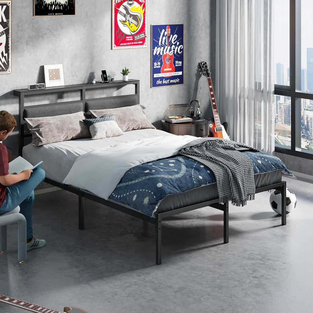 Full Bed Frame with Headboard, Bed Frame Full with LED Light and Charging Station