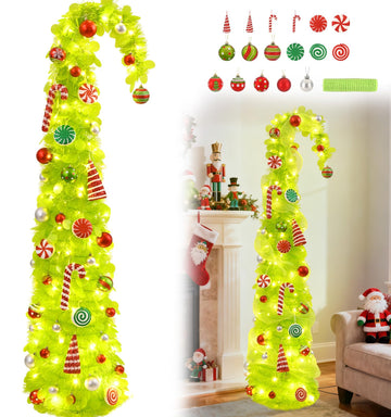5Ft Whimsical Pop up with LED 50 Lights, Lime Green Pencil Trees with Xmas Accessories, Collpsible Bendable for Yard