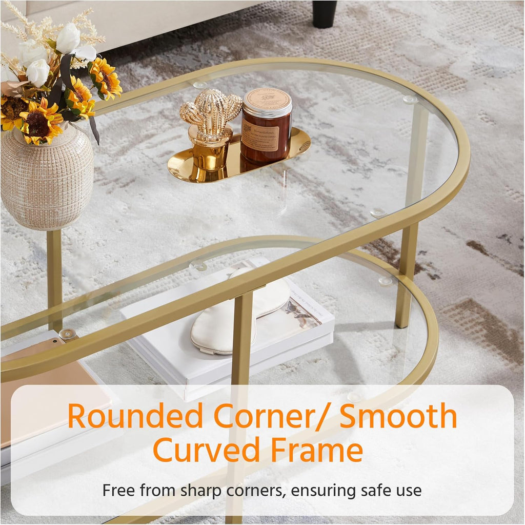 42" Oval Glass Coffee Table, 2-Tier Center Table with Storage Shelf for Small Space, Office
