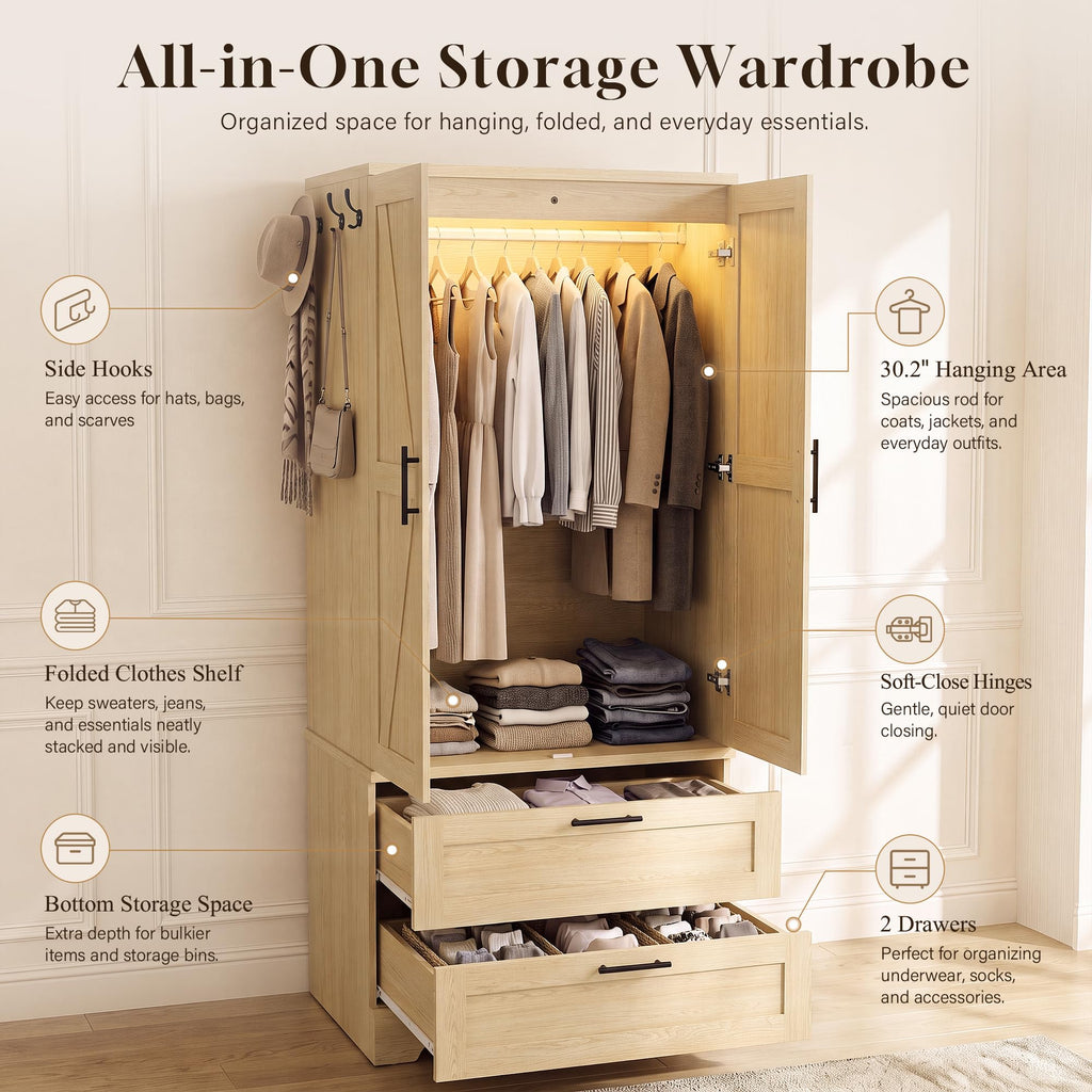70.9" Wardrobe Closet with Sensor Light, 2 Drawers (Oak)