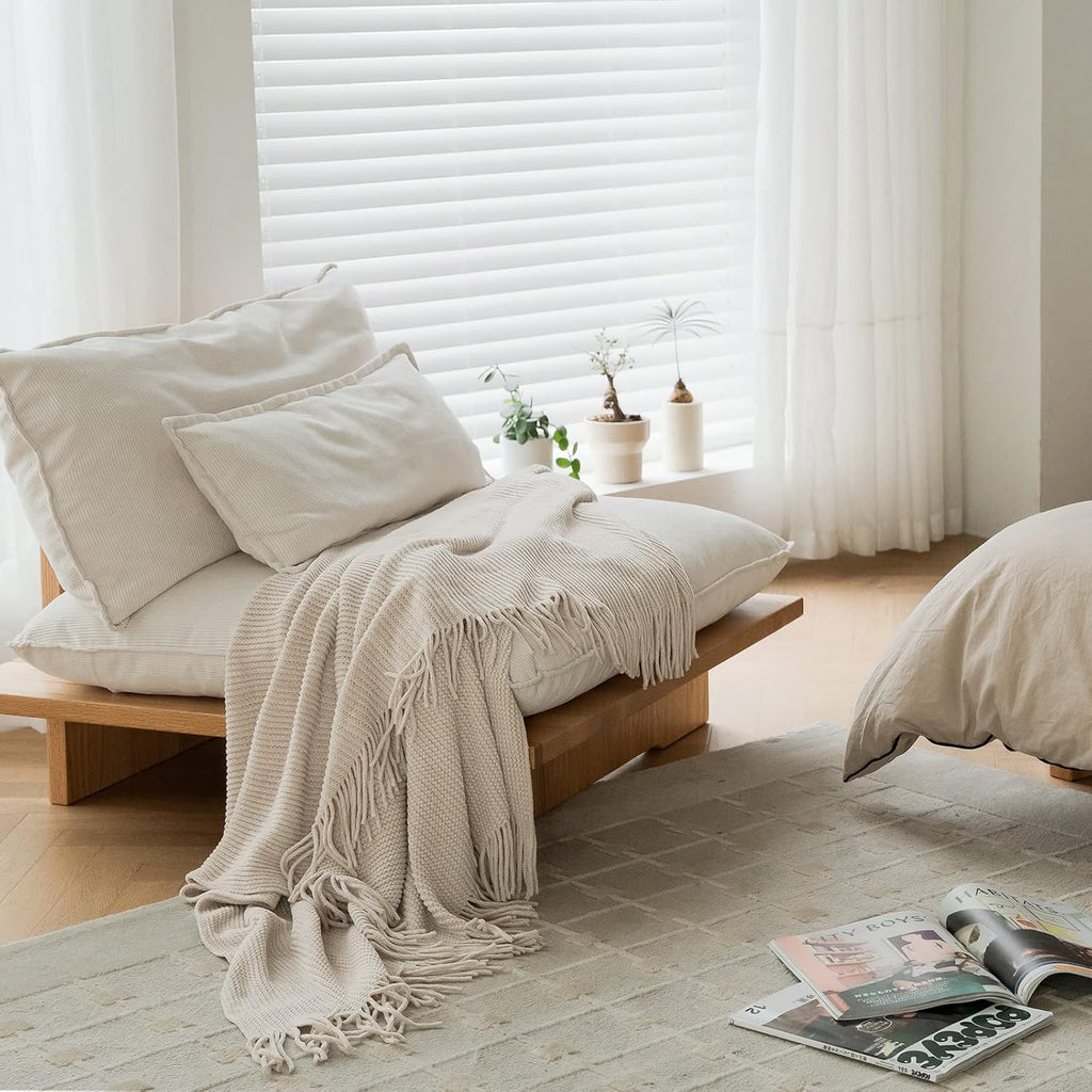 Chenille Throw Blanket 50x60 - Soft Boho Knitted Blanket, Lightweight All Season White/Cream Blanket, Decorative