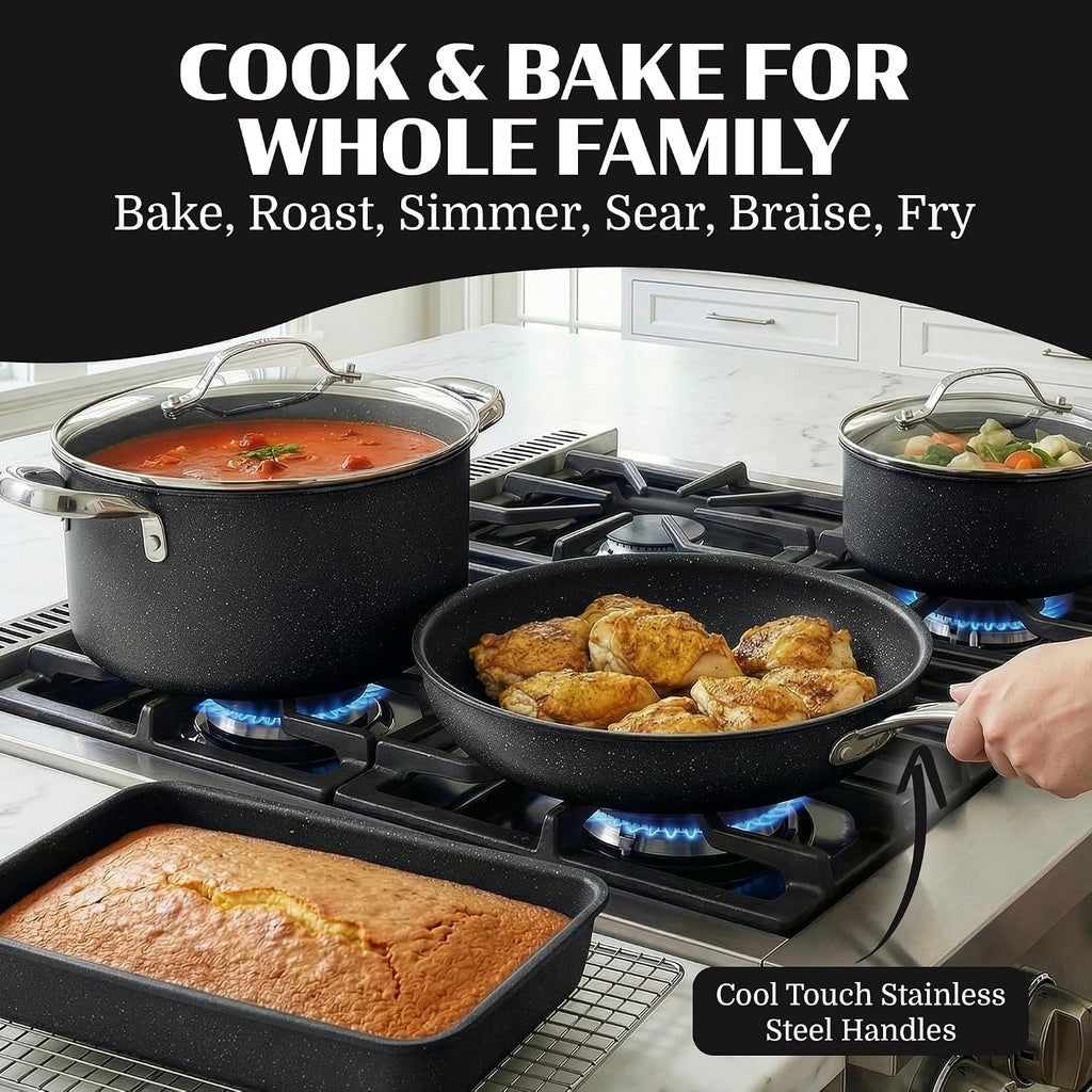 Ceraluxe 20Pc Pots and Pans Set Non Stick Ceramic Cookware Set | Deep Frying Pan & Bakeware Set Included, Non Toxic