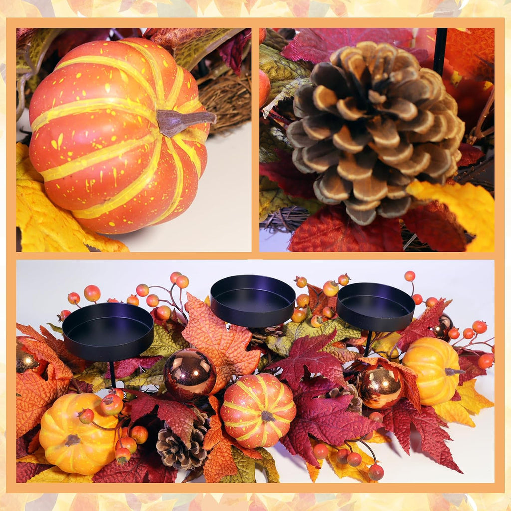 Fall Candle Holder Centerpiece for Table - Thanksgiving Table Decor with Pumpkins, Maple Leaves,Autumn Harvest - Set of 3
