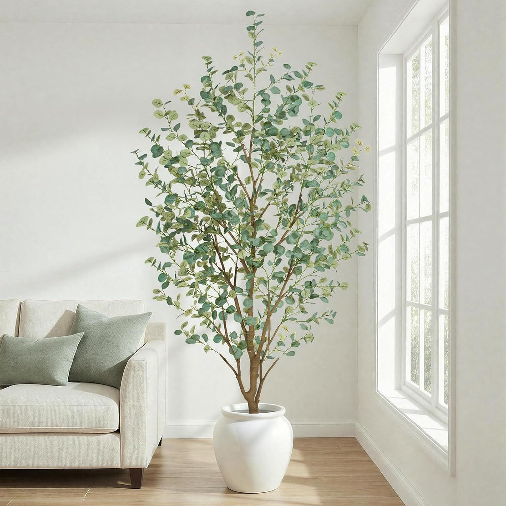 8FT Artificial Eucalyptus Tree Indoor, Faux Eucalyptus Tree with 901 Silk Leaves, Tall Fake Tree - Artificial Tree
