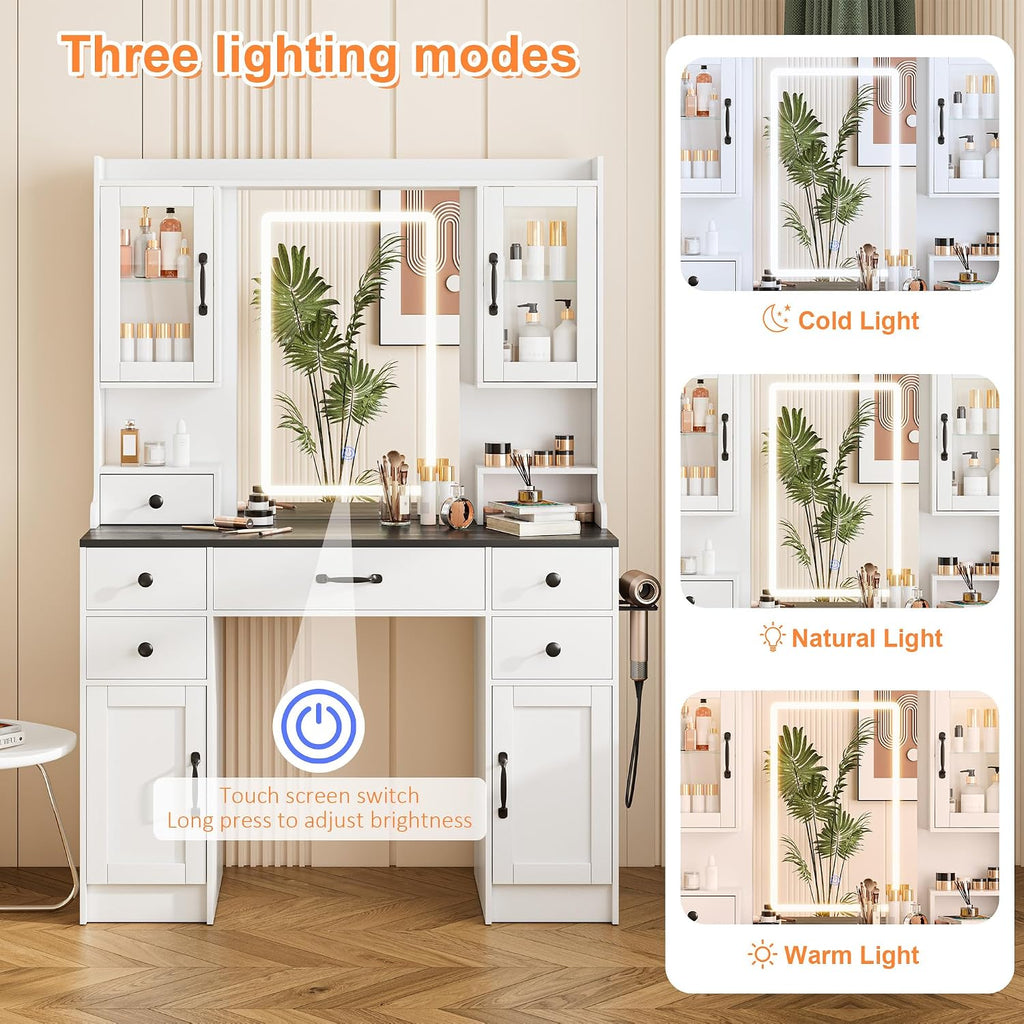 Vanity Desk with LED Lights Mirror & Power Outlet, Makeup Vanity Table Set with 3 Lights Modes, Dressing Table for