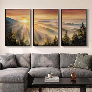 Large Framed Mountain Landscape Wall Art , 3 Piece Foggy Forest Sunset Canvas Artwork, Scenery Nature Picture Prints