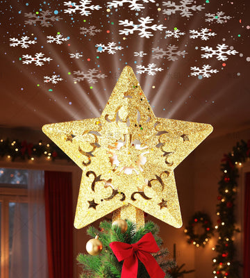 Christmas Tree Star Topper, Built-in Led 360° Rotating Snowflake Projector Pentagram Plug in Christmas Tree Ornament